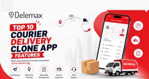 Top 10 Courier Delivery Clone App Features banner with smartphone, delivery van, package boxes, and real-time shipment tracking interface.