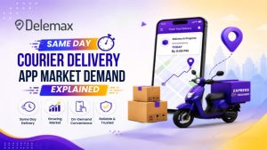Banner showing title same day courier delivery app market demand explained in a purple theme with mobile phone interface and rider bike with express delivery.