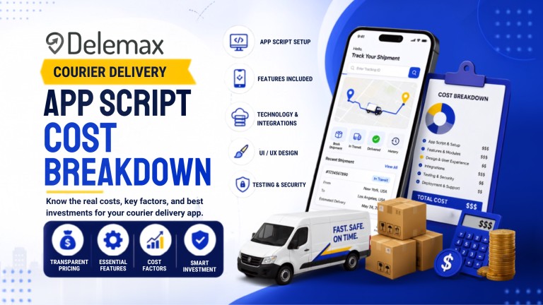Courier delivery app script cost breakdown showing app features, development costs, technology integrations, security, and delivery logistics.